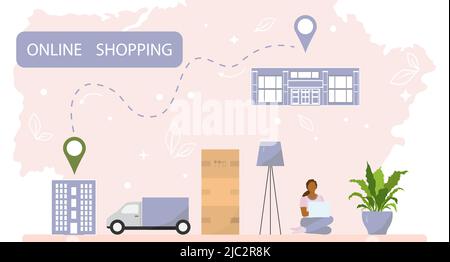 Vector illustration Woman uses a website on laptop to order products. Online shopping. Ordering items on the Internet. Fast delivery from the store. S Stock Vector