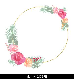 Flower frame with roses and eucalyptus leaves, isolated on white background,  plants, botanical design for fashion, fabric, wallpaper. Template weddin Stock Vector