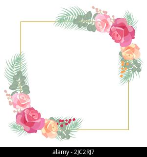 Flower frame with roses and eucalyptus leaves, isolated on white background,  plants, botanical design for fashion, fabric, wallpaper. Template weddin Stock Vector