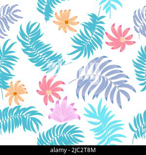 Seamless pattern with decorative blue leaves and flowers. Tropical vector background, jungle wallpaper. Stock Vector