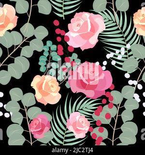 Seamless pattern with roses and eucalyptus leaves, vector  background,  plants, botanical design for fashion, fabric, wallpaper Stock Vector