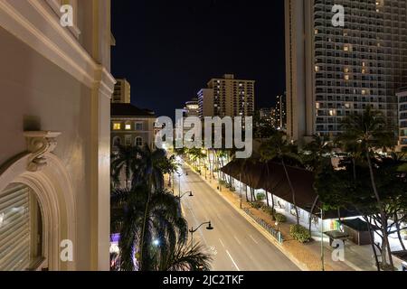 Kalakaua Ave and Moana Surfrider Hotel, Oahu, Hawaii Stock Photo