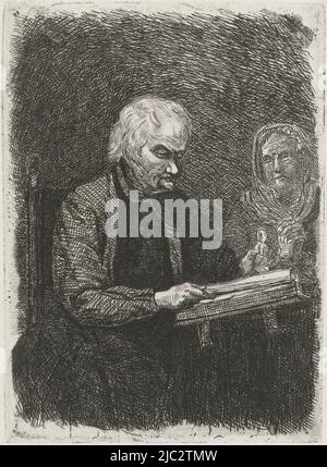 An old man is reading in a Bible while holding glasses in his left hand. Slanted next to him is a woman with her hands folded., Bible Reader, print maker: David van der Kellen (1804-1879), 1814 - 1879, paper, etching, h 113 mm × w 81 mm Stock Photo