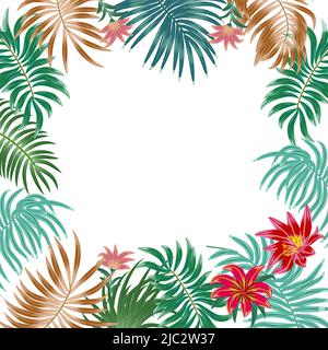 Tropical frame of exotic flowers and palm leaves with copy space for text. For party invitations, wedding cards and sale posters.  Vector illustration Stock Vector