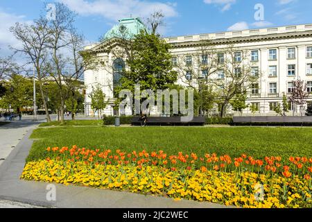 SOFIA, BULGARIA - MAY 1, 2022:  Spring view of National Library Saint Cyril and Saint Methodius in Sofia, Bulgaria Stock Photo