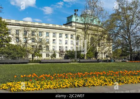 SOFIA, BULGARIA - MAY 1, 2022:  Spring view of National Library Saint Cyril and Saint Methodius in Sofia, Bulgaria Stock Photo