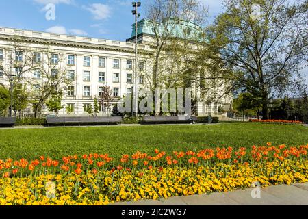 SOFIA, BULGARIA - MAY 1, 2022:  Spring view of National Library Saint Cyril and Saint Methodius in Sofia, Bulgaria Stock Photo