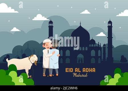 A vector illustration of Muslim Celebrating Eid Al Adha Mubarak Stock Vector