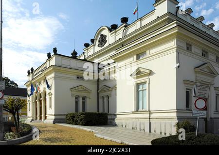 SOFIA, BULGARIA - MAY 1, 2022:  Spring view of National Assembly in city of Sofia, Bulgaria Stock Photo