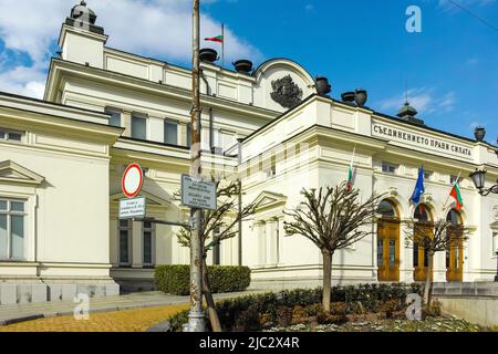 SOFIA, BULGARIA - MAY 1, 2022:  Spring view of National Assembly in city of Sofia, Bulgaria Stock Photo