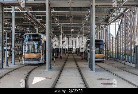 Uccle, Brussels, Belgium - Hangar of the tramway end station Stock Photo