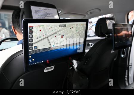 Seoul, South Korea. 09th June, 2022. A map inside a Hyundai self-driving taxi shows a planned route during the launch of the RoboRide service in Seoul, South Korea on Thursday, June 9, 2022. Photo by Thomas Maresca/UPI Credit: UPI/Alamy Live News Stock Photo