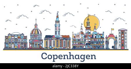 Outline Copenhagen Denmark City Skyline with Colored Historic Buildings Isolated on White. Vector Illustration. Copenhagen Cityscape with Landmarks. Stock Vector