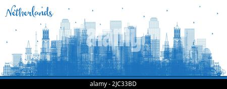 Outline Netherlands Skyline with Blue Buildings. Vector Illustration. Tourism Concept with Historic Architecture. Cityscape with Landmarks. Amsterdam. Stock Vector