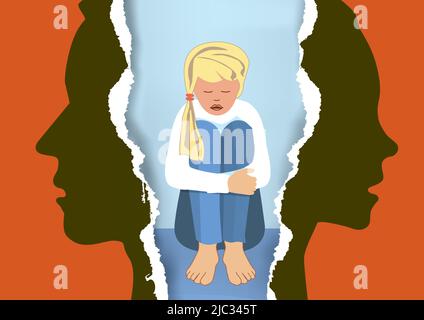 Divorced parents and sad girl. Torn paper with man, woman stylized silhouettes and child symbolizing the effect of divorce on the child. Stock Vector