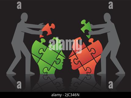 Two men, Mutual understanding and dialog, puzzle concept. Illustration of assembling a puzzle of dialog partner's head. Psychology of relationship. Stock Vector
