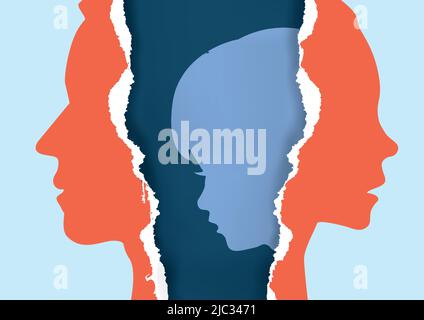 Divorced parents and sad child. Torn paper with man, woman and child stylized silhouettes symbolizing the effect of divorce on the child. Stock Vector