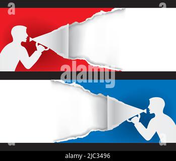 Promotion Man with megaphone ripping paper. Illustration of two long backgrounds with stylized male silhouette. Template for advertising banner. Stock Vector