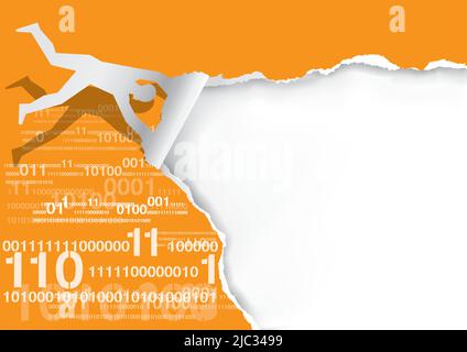 Flying man tearing paper, with binary codes Paper silhouette of man ripping orange paper background with binary codes and digital numbers. Stock Vector
