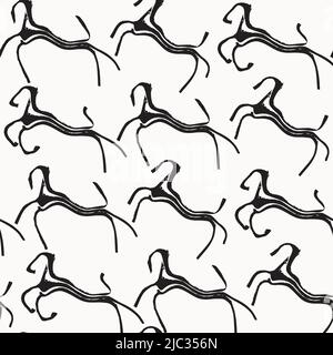 Prehistoric style horse cave art vector seamless pattern background. Primitive naive grunge brush stroke horses black and white. Monochrome repeat Stock Vector