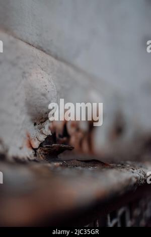 Flaking White paint on rusty steel beam, located on Wigg Island, United Kingdom Stock Photo