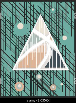 Decorative composition with triangle and circles. A triangular symbol consisting of parts, vertical intersecting lines on a dark green background Stock Photo