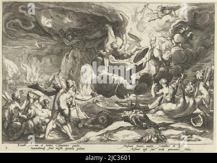 The ride of Phathon in his father Apollo's sun chariot turns out to be a disastrous one. The horses have set the earth on fire. Riverbeds run dry and river nymphs lament their fate. Neptune with trident rises from the sea and stretches his arm to heaven. Mother Earth, depicted as Cybele with the crown of cities, sticks her head out of the earth and protects her gaze with one hand. Atlas toils to torch the celestial vault. Jupiter throws lightning bolts and Phathon falls from the sky with chariot and all. Beneath the depiction, two times two lines of Latin text. This print is part of a series Stock Photo