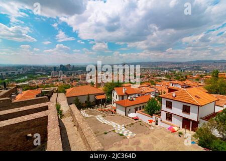 Cityscape of Ankara. Capital city of Turkey. Traditional Turkish houses in Ankara Castle. Stock Photo