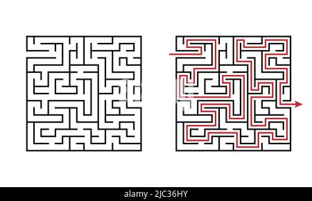 Maze labyrinth educational game for kids with solution. Challenging puzzle to practice toddler logic. Find the way out Stock Vector