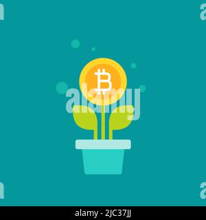 Plant in pot with green leaves and bitcoin as a flower. vector icon. Income growth flat icon. Isolated on blue. Economy, finance, money symbol. Crypto Stock Vector