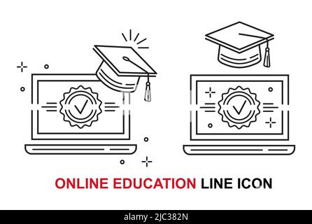 Online distant education, distance graduation, finish internet course study line icon. Home learning, video lesson. Laptop with academic hat. Vector Stock Vector