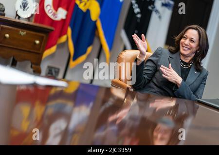 Vice President Kamala Harris deliver remarks during an American Rescue Plan virtual event with President Joe Biden to thank stakeholders Friday, March 12, 2021, in the Roosevelt Room of the White House. Stock Photo