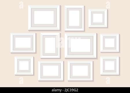 Frame collage on wall. Empty pictures, photo frame. Isolated illustration on pastel background. Vector illustration. Stock Vector