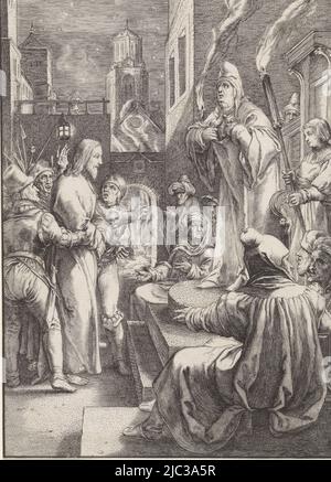 Christ being led before the high priest Caiaphas. Caiaphas stands on a platform between two torches and tears his robe. Through the gate, the fire in the courtyard is visible where Peter sits., Christ before Caiaphas The Passion (series title), Ludovicus Siceram, print maker: Lucas Vorsterman (I), (rejected attribution), Hendrick Goltzius, Antwerp, 1623, paper, engraving, h 195 mm × w 125 mm Stock Photo