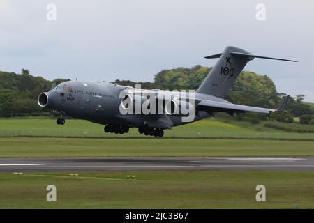 A41-210, a Boeing C-17 Globemaster III operated by the Royal Australian Air Force (RAAF), wearing markings to celebrate the force's centennial anniversary, arriving at Prestwick International Airport in Ayrshire, Scotland. Stock Photo