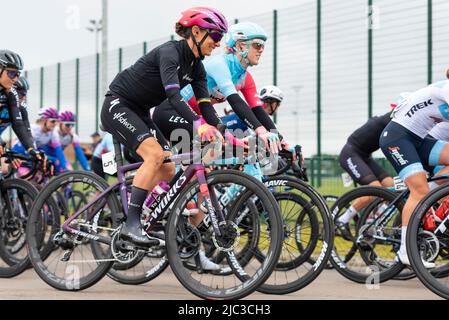Cyclists at Colchester Sports Park racing in the UCI Women’s Tour cycle race Stage 1. Ashleigh Moolman-Pasio of Team SD Worx (5) Stock Photo