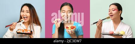 Set of young Asian women eating tasty food Stock Photo