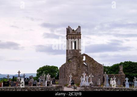 Crow stepped battlements embellish the tower at Neale Cemetery in County Mayo, Ireland. Stock Photo