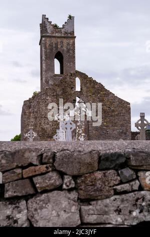 Crow stepped battlements embellish the tower at Neale Cemetery in south County Mayo, Ireland. Stock Photo