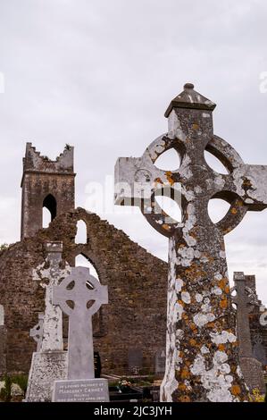 Crow stepped battlements embellish the tower at Neale Cemetery in south County Mayo, Ireland. Stock Photo