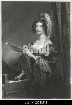 A lady in front of a keyboard on which she holds her right hand, in the other hand a sheet of paper, Lady in front of a keyboard, print maker: Johannes de Mare, (mentioned on object), Charles Robert Leslie, (mentioned on object), 1816 - 1889, paper, steel engraving, h 348 mm × w 210 mm Stock Photo