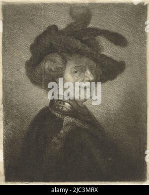 Tronie of a man with a feathered beret, print maker: Johannes Mock, (mentioned on object), after: Rembrandt van Rijn, (mentioned on object), Netherlands, 1827, China paper, etching, h 179 mm × w 145 mm Stock Photo