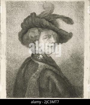 Tronie of a man with feathered beret, print maker: Johannes Mock, (mentioned on object), after: Rembrandt van Rijn, (mentioned on object), Netherlands, 1827, paper, etching, h 190 mm × w 157 mm Stock Photo