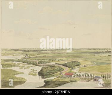 View of the landscape east of Nijmegen, with flood plains. In the foreground on the right is a house. On the left in the distance is Ooij. The print is part of a suite of nine prints, including the title print, View of the landscape east of Nijmegen to the east (title on object) Views around the city of Nijmegen (series title) Gelderland panorama or round view after life drawn on belvedere in Nymegen (series title), print maker: Derk Anthony van de Wart, (mentioned on object), Nijmegen, 1815 - 1824, paper, etching, brush, h 317 mm × w 393 mm Stock Photo