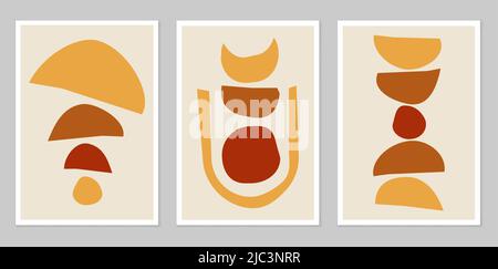 Modern minimalist abstract aesthetic illustrations. Wall decor in bohemian style. Collection of modern art posters. Composition of simple figures. Abs Stock Vector