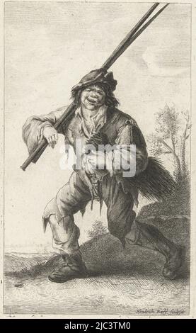 A chimney sweep walks with a bundle of reeds under his arm and two long rods on his shoulder., Chimney Sweep, print maker: Hendrik Bary, (mentioned on object), Netherlands, 1657 - 1679, paper, engraving, h 228 mm × w 125 mm Stock Photo