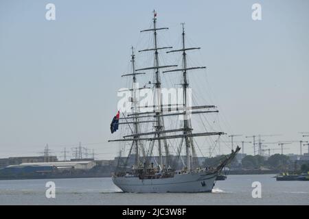 Royal Navy of Oman sail training ship Shabab Oman II heading up the river Thames on it's first visit to London Stock Photo