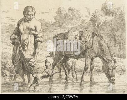 Woman and donkey standing in shallow water, a dog jumps up at her feet, print maker: Karel du Jardin, (mentioned on object), Karel du Jardin, Netherlands, 1652 - 1659, paper, etching, h 167 mm × w 197 mm Stock Photo