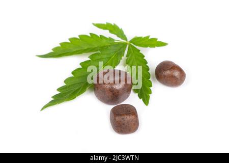 brown pieces of hashish and green cannabis leaf isolated on white background. Stock Photo