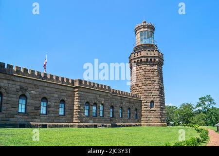 View of the Navesink Twin Lights State Historic Site lighthouses in Highlands, New Jersey, United States. Stock Photo
